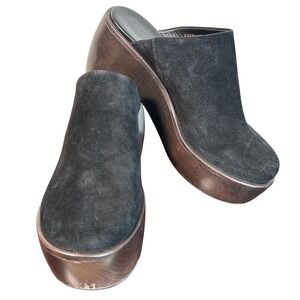 Everlane Black Suede Puff Wood Clog Platform Mules Boho Retro Minimalist Sz 7.5